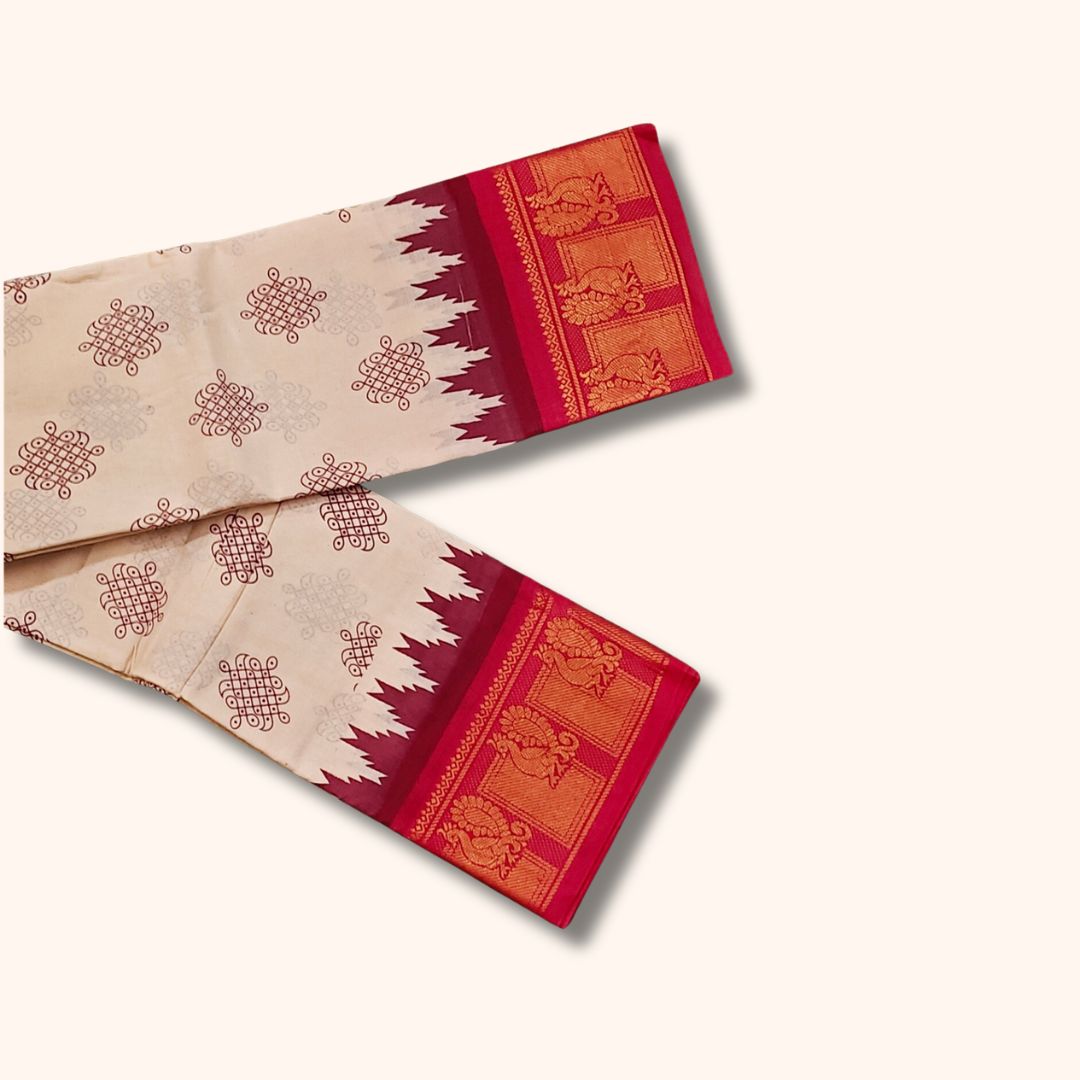 Kolam Design Sungudi Saree - Off-white with Red colour - Running Blouse