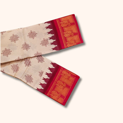 Kolam Design Sungudi Saree - Off-white with Red colour - Running Blouse