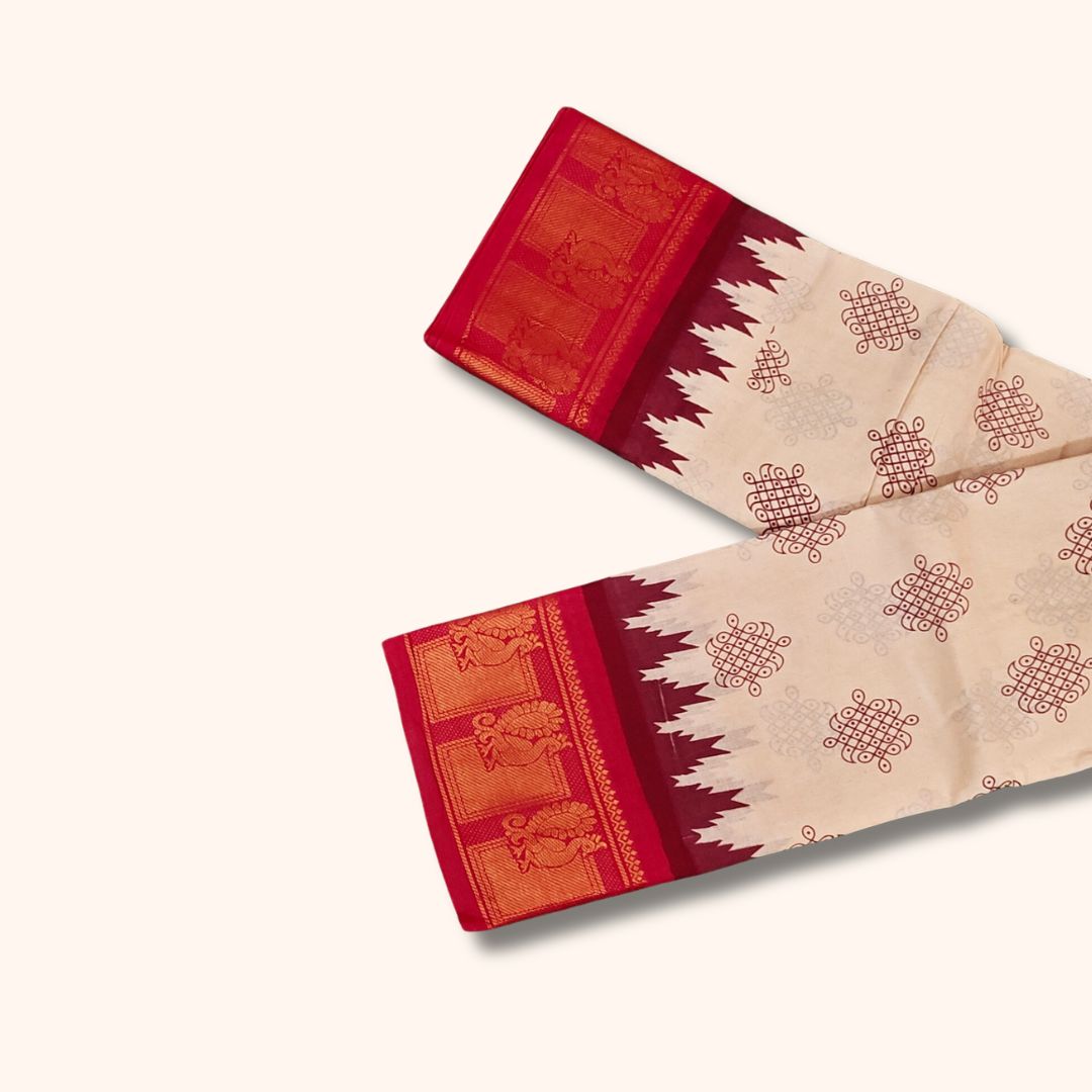 Kolam Design Sungudi Saree - Off-white with Red colour - Running Blouse
