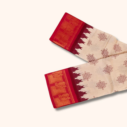 Kolam Design Sungudi Saree - Off-white with Red colour - Running Blouse
