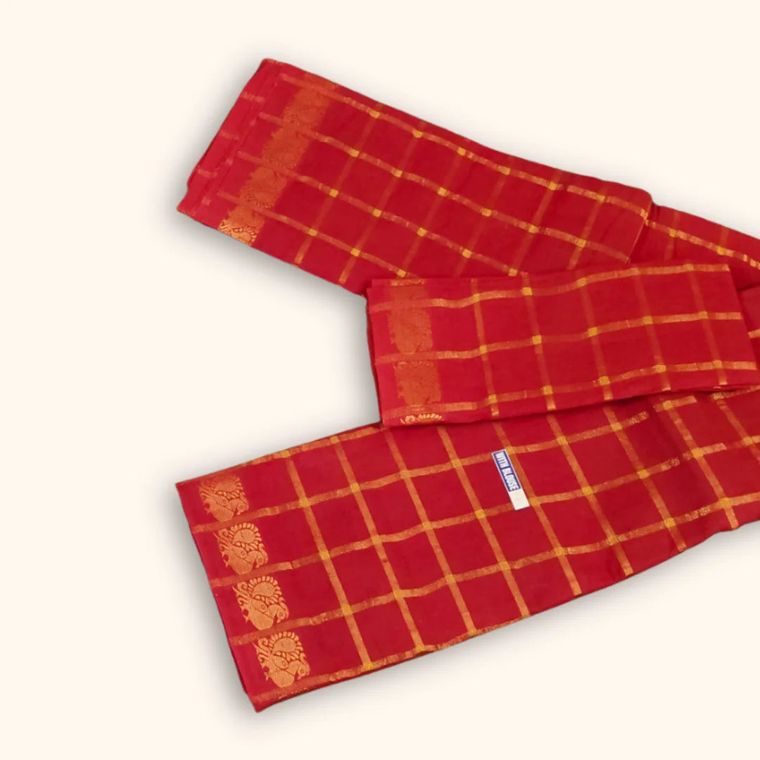 Bright Red Pavithra Kattam Cotton Saree with Gold Elephant Border