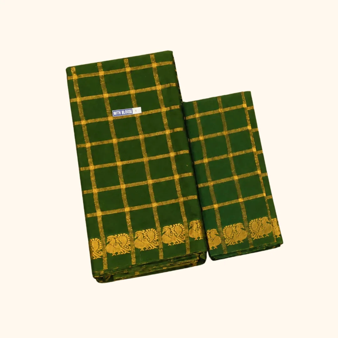 Olive Green Pavithra Kattam Cotton Saree with Gold Elephant Border