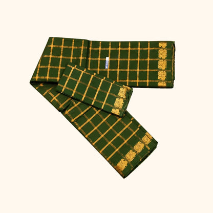 Olive Green Pavithra Kattam Cotton Saree with Gold Elephant Border