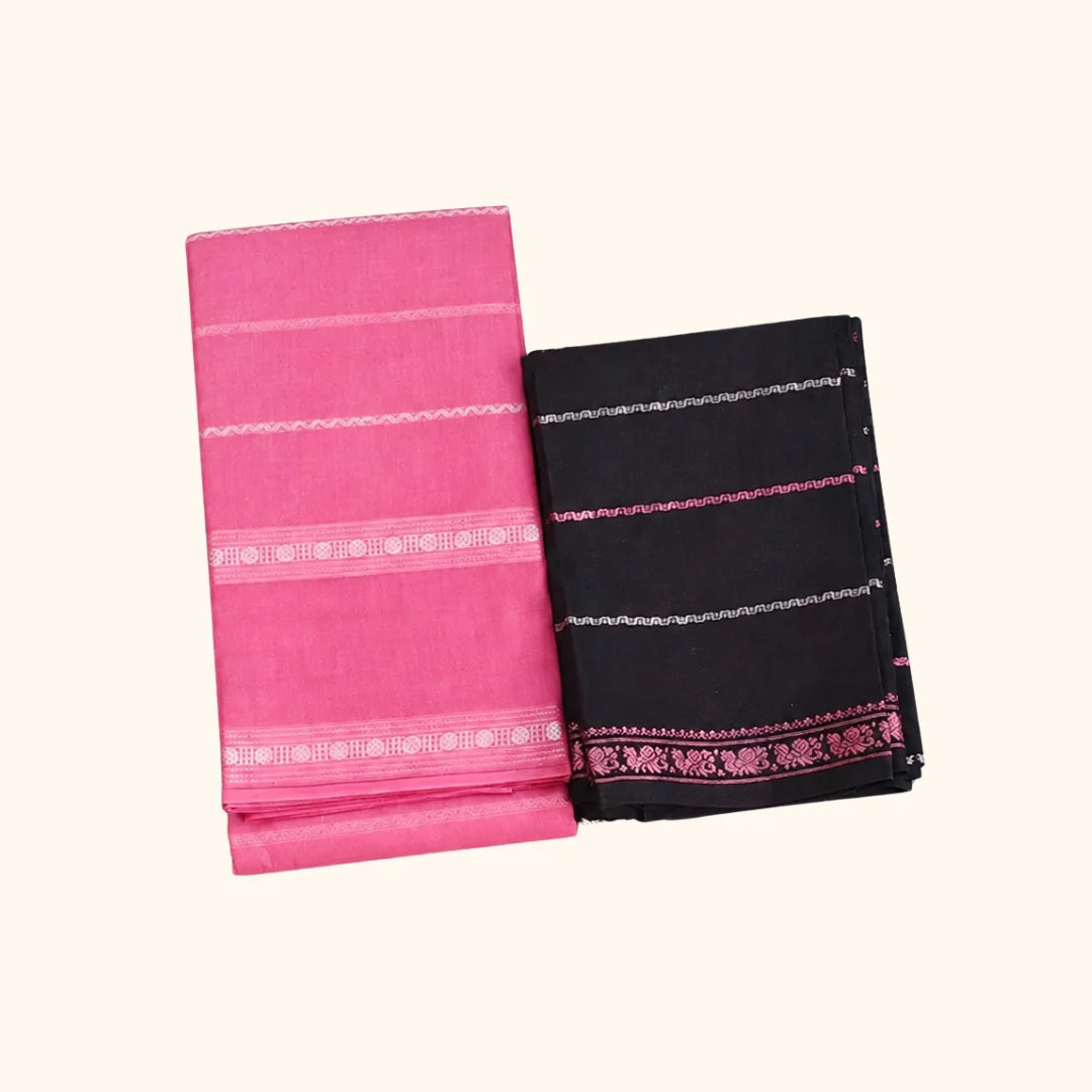 Classic Pink Saree with Black Blouse - Silver Zari Border