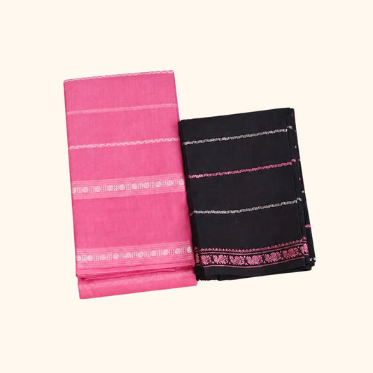 Classic Pink Saree with Black Blouse - Silver Zari Border