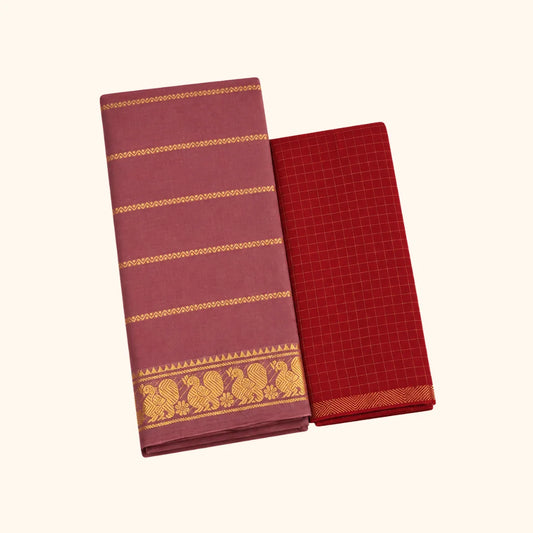 Beautiful Rose Gold Sungudi Cotton Saree with Zari Lines & Contrast Blouse Piece