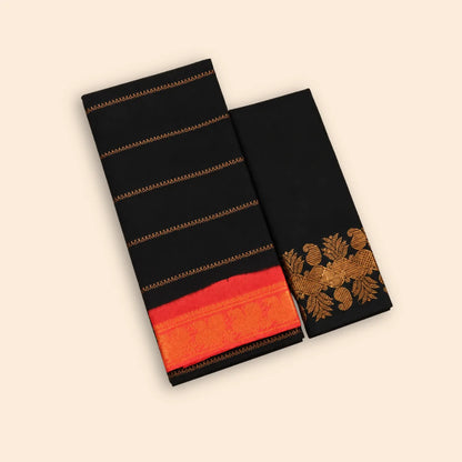 Black Cotton Saree with Red Border & Woven Motif Pallu