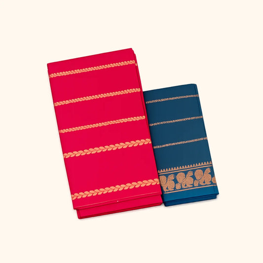 Classic Red Cotton Saree with Zari Stripes & Contrast Teal Blue Blouse