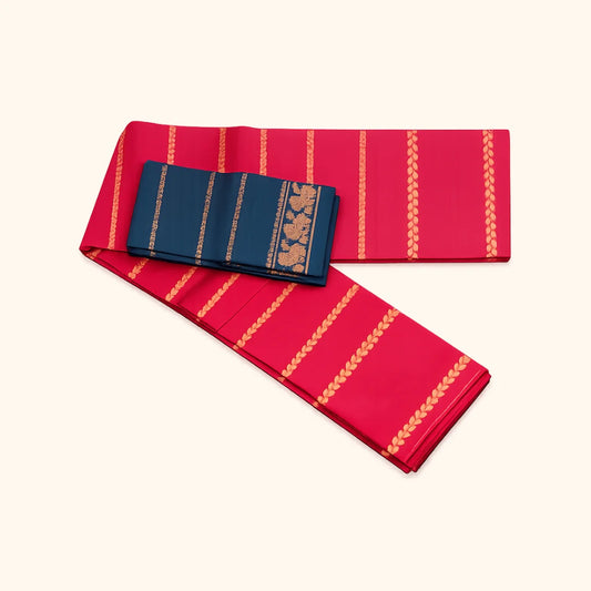 Classic Red Cotton Saree with Zari Stripes & Contrast Teal Blue Blouse