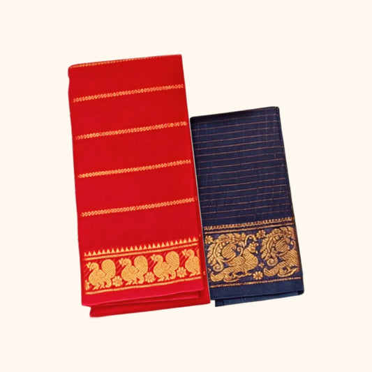 Bright Red Sungudi Cotton Saree with Zari Lines & Navy Blue Contrast Blouse Piece