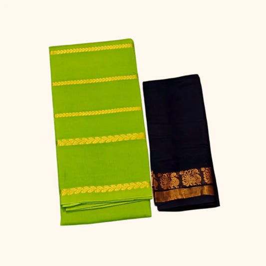 Parrot Green Sungudi Cotton Saree with Zari Lines & Navy Blue Contrast Blouse Piece
