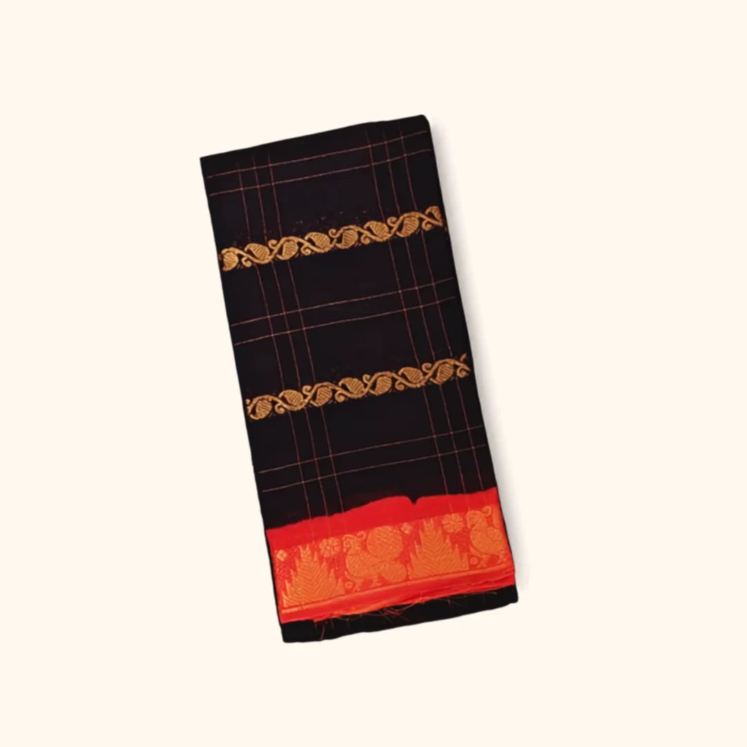 Black & Red Traditional Check Motif Cotton Saree