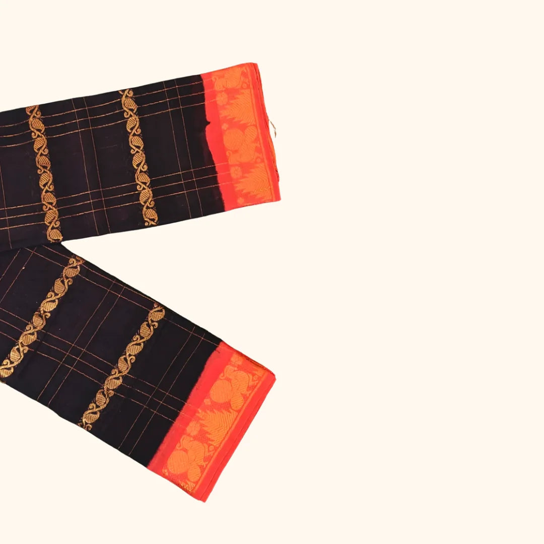 Black & Red Traditional Check Motif Cotton Saree