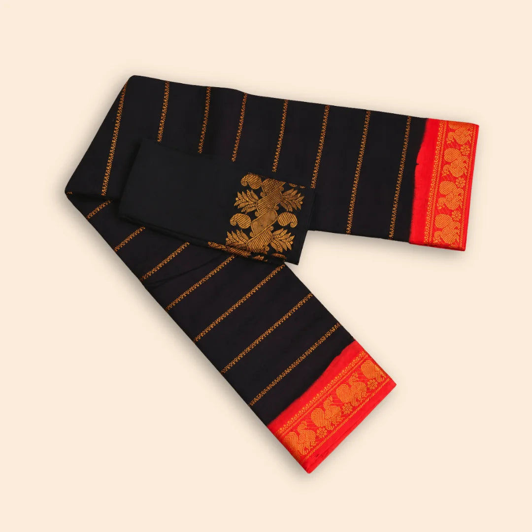 Black Cotton Saree with Red Border & Woven Motif Pallu