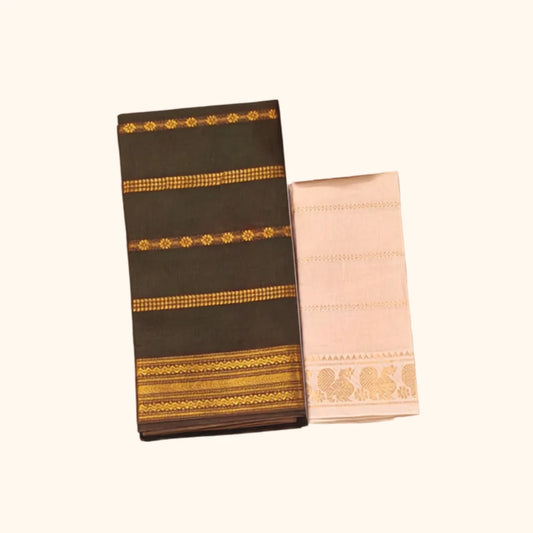 Dark Olive Green Sungudi Cotton Saree with Gold Zari Stripes & Contrast Blouse