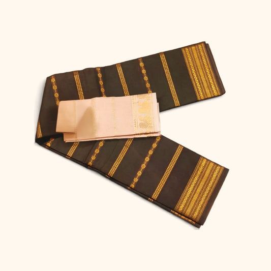 Dark Olive Green Sungudi Cotton Saree with Gold Zari Stripes & Contrast Blouse