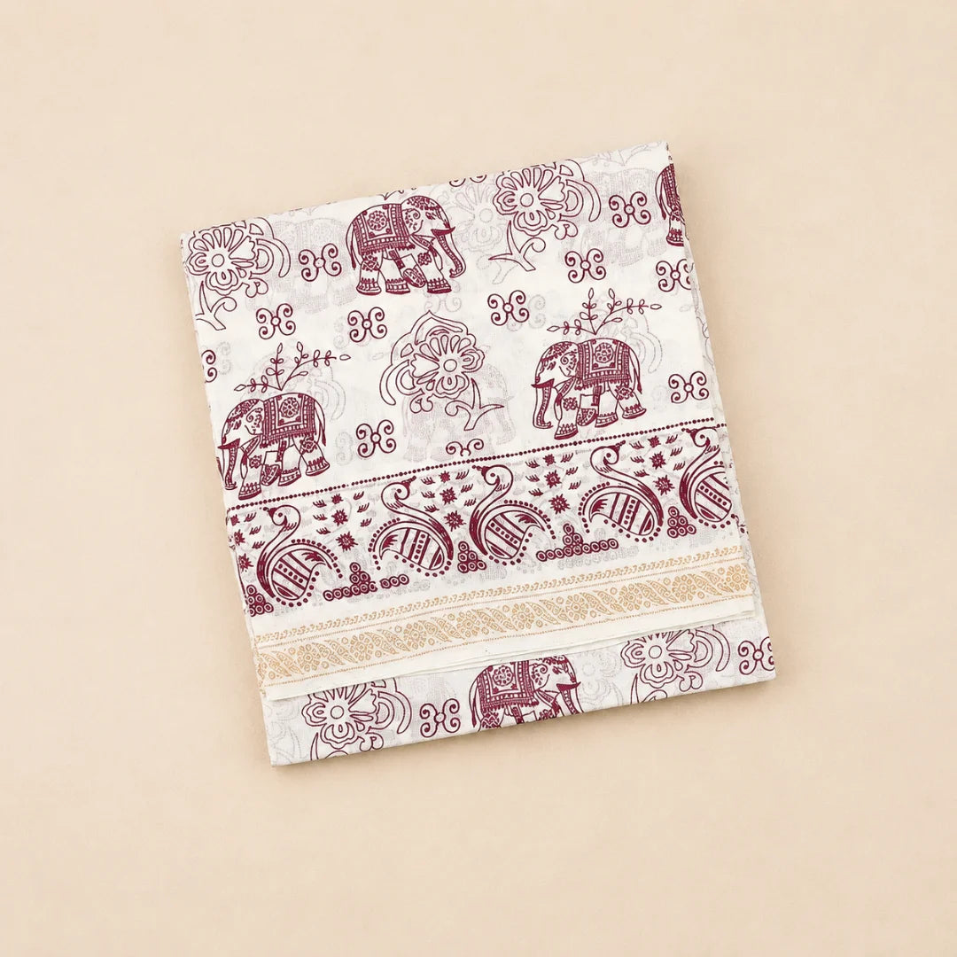Attractive Off White Elephant Print Cotton Saree with Traditional Border