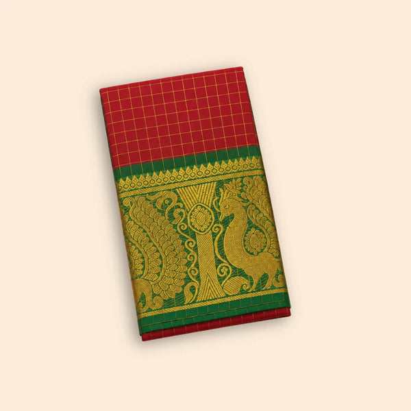 Chettinad Red Cotton Saree with Gold Zari Checks & Green Peacock Border