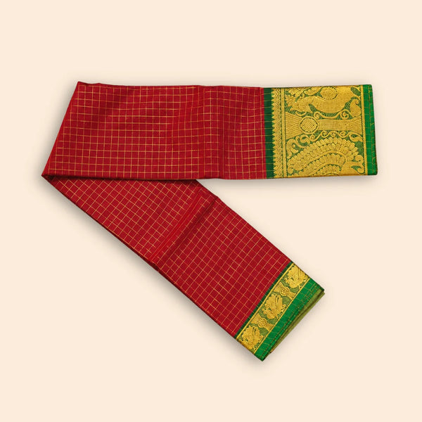 Chettinad Red Cotton Saree with Gold Zari Checks & Green Peacock Border