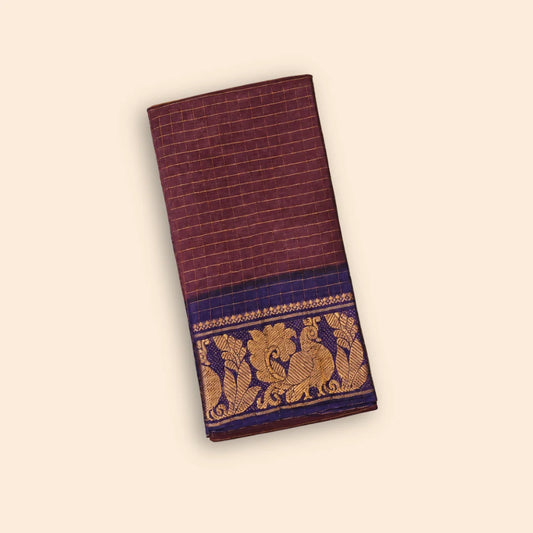Checked Sungudi Cotton Saree with Traditional Peacock Border – Maroon & Navy