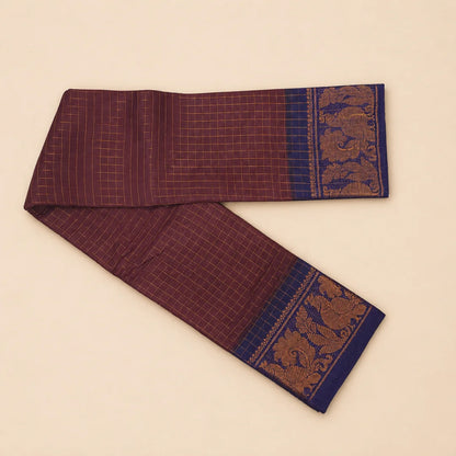 Checked Sungudi Cotton Saree with Traditional Peacock Border – Maroon & Navy