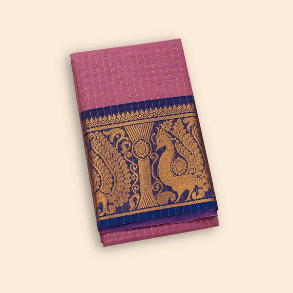Dusty Rose Chettinad Cotton Saree with Gold Zari Checks & Navy Blue Peacock Border