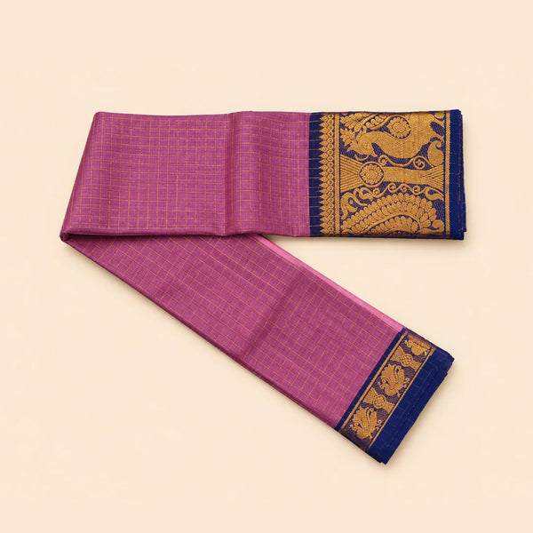 Dusty Rose Chettinad Cotton Saree with Gold Zari Checks & Navy Blue Peacock Border