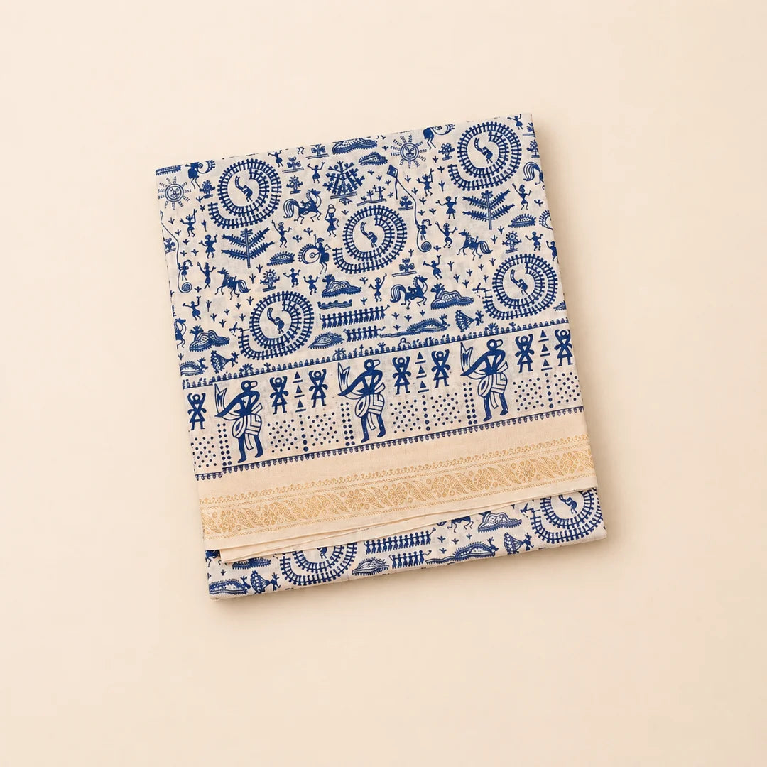 Beautiful Off White & Blue Tribal Print Cotton Saree with Warli Design Border