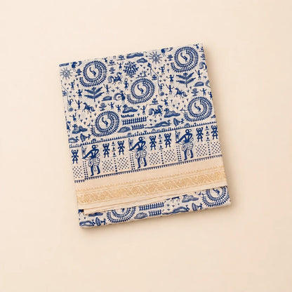 Beautiful Off White & Blue Tribal Print Cotton Saree with Warli Design Border