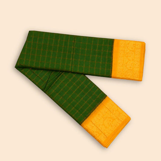 Dark Green Sungudi Cotton Saree with Golden Checks & Rich Mustard Elephant Border