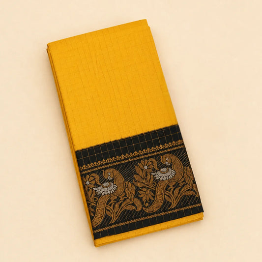 Mustard Yellow Sungudi Cotton Saree with Gold Zari Checks & Black Zari Border