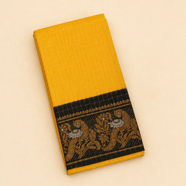 Mustard Yellow Sungudi Cotton Saree with Gold Zari Checks & Black Zari Border