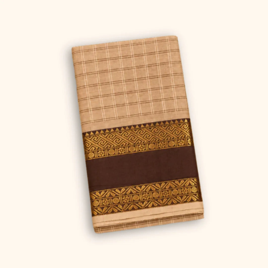Beige Checked Chettinad Cotton Saree with Chocolate Brown Border