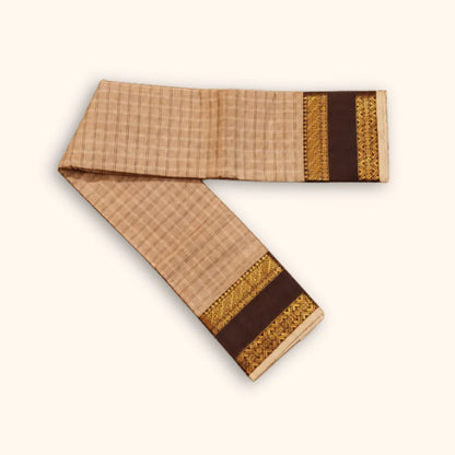 Beige Checked Chettinad Cotton Saree with Chocolate Brown Border