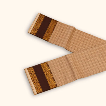 Beige Checked Chettinad Cotton Saree with Chocolate Brown Border