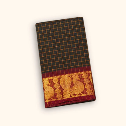 Dark Bottle Green Pavithra Kattam Sungudi Cotton Saree with Maroon Peacock Border