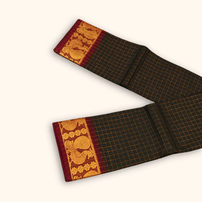 Dark Bottle Green Pavithra Kattam Sungudi Cotton Saree with Maroon Peacock Border