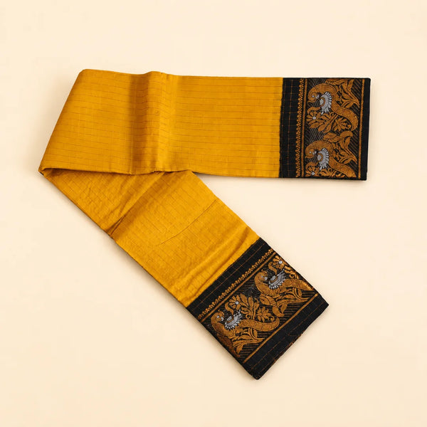 Mustard Yellow Sungudi Cotton Saree with Gold Zari Checks & Black Zari Border