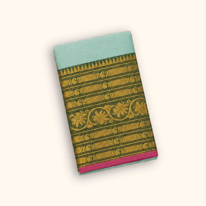 Authentic Sky Blue Chettinad Cotton Saree with Contrast Magenta Border