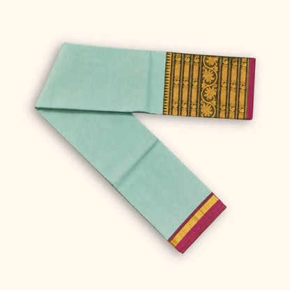 Authentic Sky Blue Chettinad Cotton Saree with Contrast Magenta Border