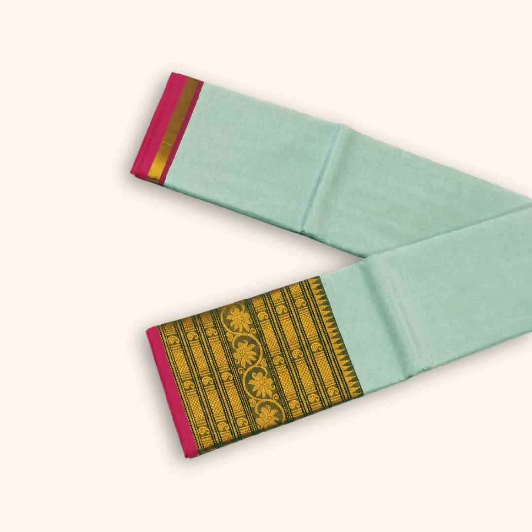 Authentic Sky Blue Chettinad Cotton Saree with Contrast Magenta Border