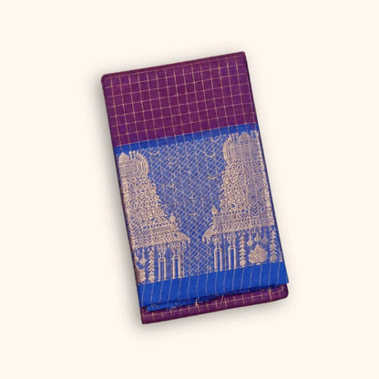 Beautiful Purple Temple Border Chettinad Cotton Saree with Royal Blue Border