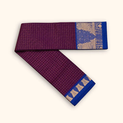 Beautiful Purple Temple Border Chettinad Cotton Saree with Royal Blue Border