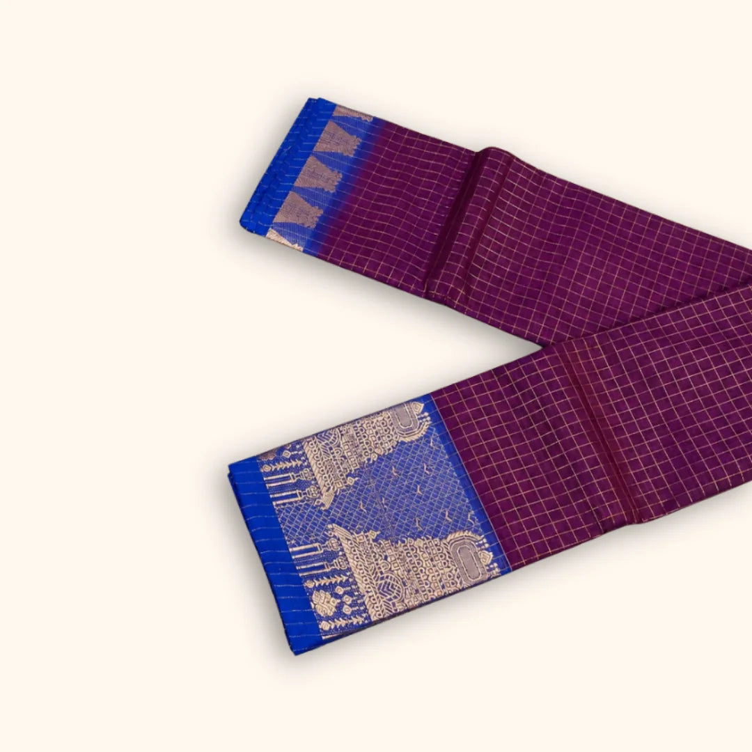 Beautiful Purple Temple Border Chettinad Cotton Saree with Royal Blue Border