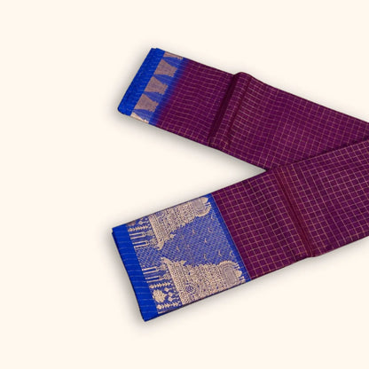 Beautiful Purple Temple Border Chettinad Cotton Saree with Royal Blue Border