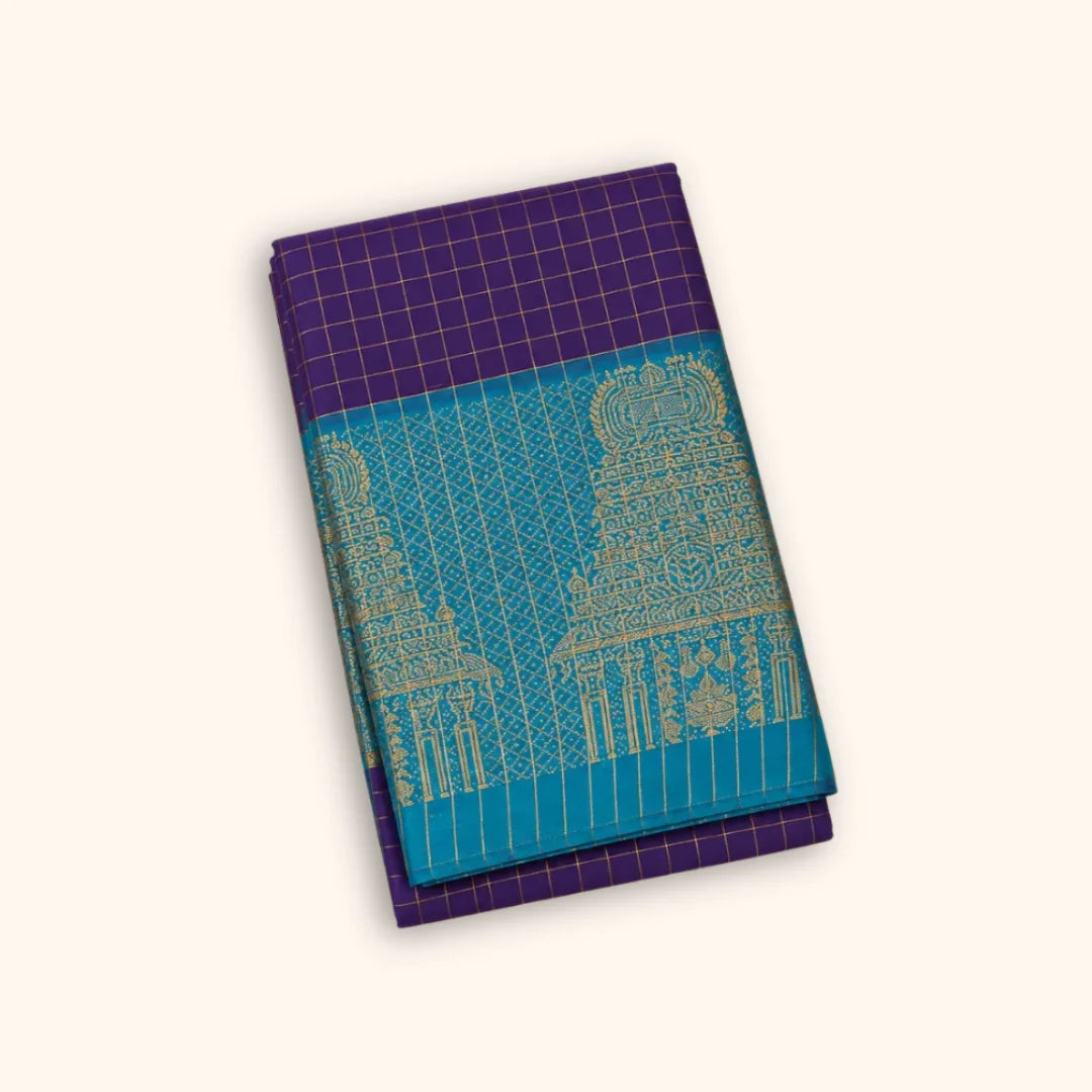Chettinad Cotton Saree with Meenakshi Gopuram Border – Purple Checks with Teal Blue Border