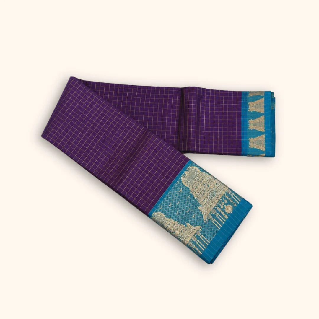 Chettinad Cotton Saree with Meenakshi Gopuram Border – Purple Checks with Teal Blue Border