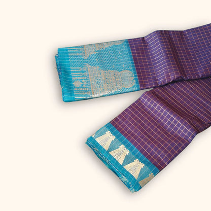 Chettinad Cotton Saree with Meenakshi Gopuram Border – Purple Checks with Teal Blue Border