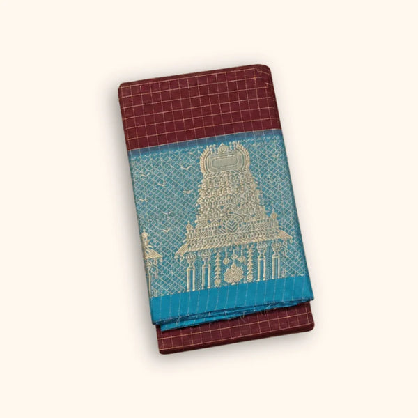 Maroon Temple Border Chettinad Cotton Saree with Sage Pallu