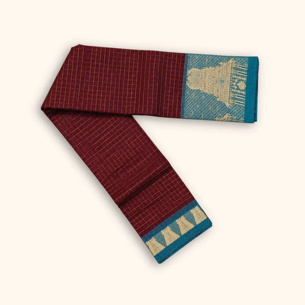 Maroon Temple Border Chettinad Cotton Saree with Sage Pallu